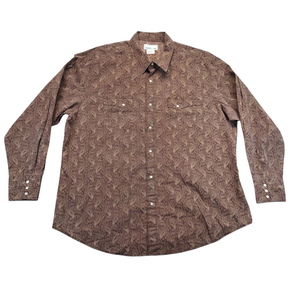 Wrangler Western Shirt 2XL Brown Pearl Snap Paisley Long Sleeve Cowboy Rancher
